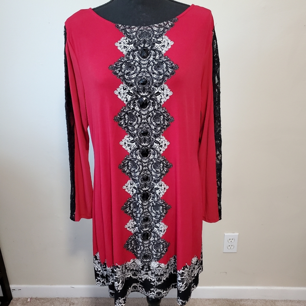 🙏 STYLE & COMPANY red black Bohemian knee length long sleeve dress. Size
